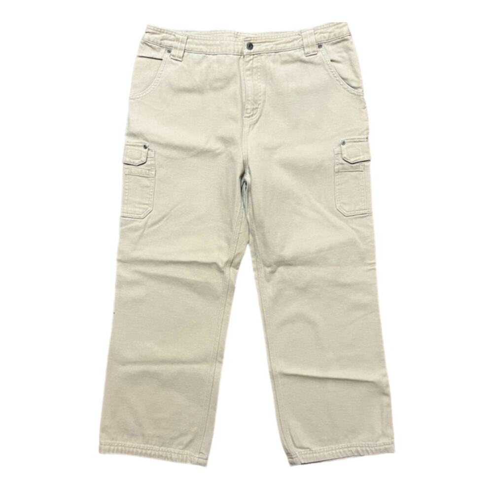 DULUTH TRADING CO Heavy Duty Wide Leg Cargo Pants in Khaki Canvas SZ 32